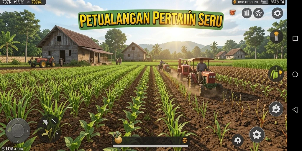 Tampilan gameplay 797K yang menenangkan dengan pertanian hijau.