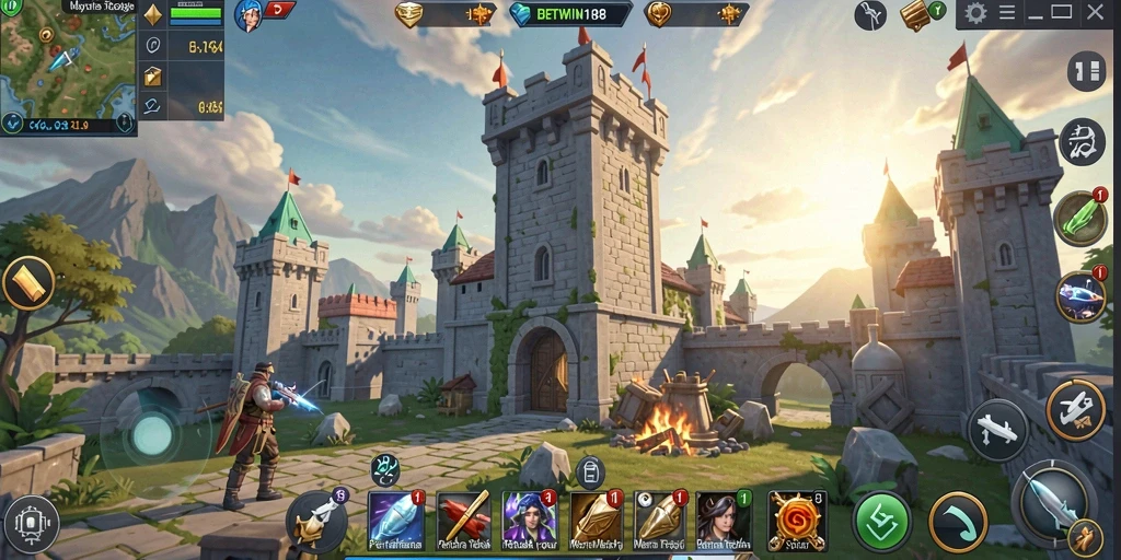 Screenshot gameplay BETWIN188 yang menunjukkan menara bertahan melawan gelombang musuh.