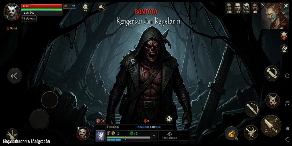 Screenshot gameplay yang menegangkan dari BOMTOTO penuh dengan kegelapan dan ketegangan.