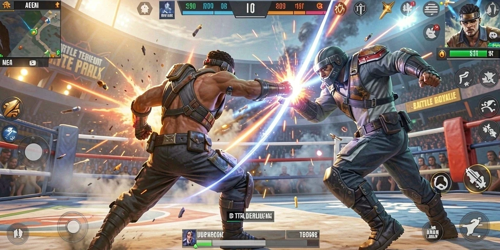 Tangkapan layar ID098 menampilkan pertarungan intens dalam mode Battle Royale.