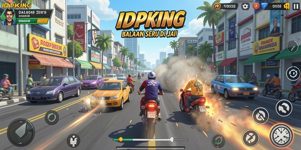Tampilan gameplay menakjubkan dari IDPKING saat balapan di jalur penuh tantangan.