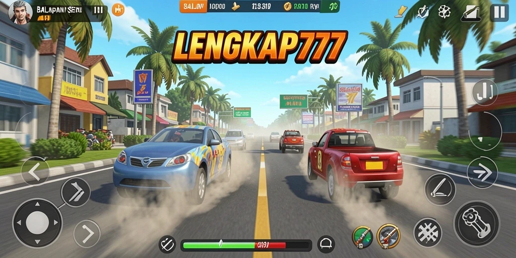 Tampilan gameplay seru di LENGKAP777 dengan mobil balap yang cepat.