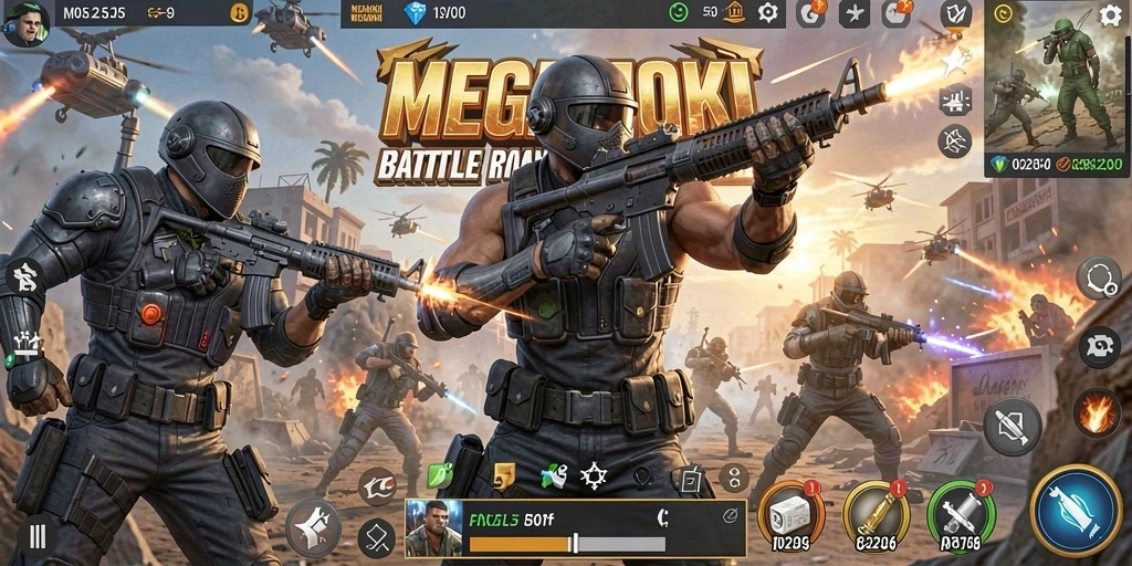 Tampilan gameplay seru dalam pertempuran Battle Royale MEGAHOKI.