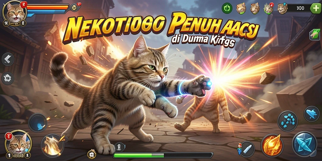 Screenshot gameplay NEKOTOTO yang menampilkan pertarungan kucing yang seru.