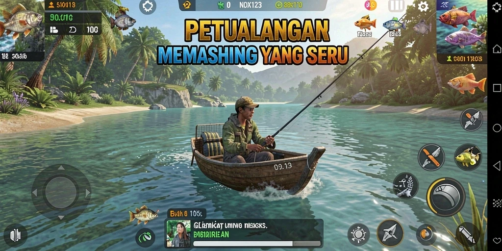 Tampilan gameplay seru dari memancing di NOX123 dengan ikan beragam.