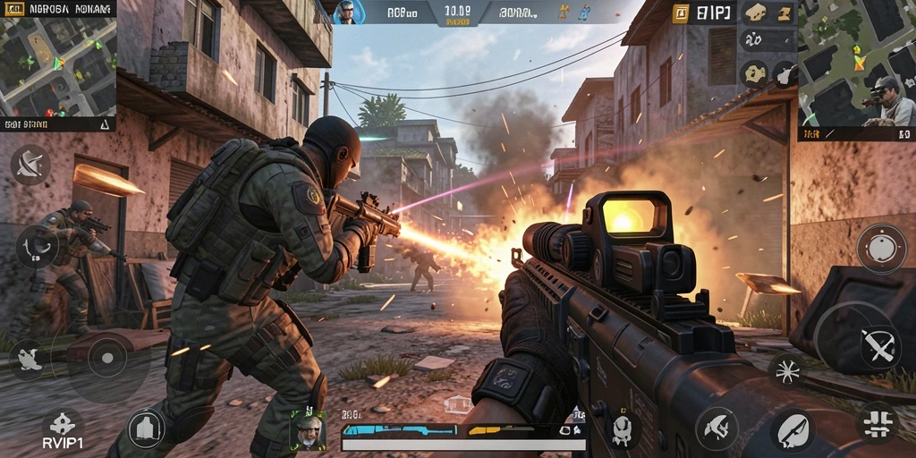 Screenshot gameplay RVIP1 menampilkan aksi tembak-menembak yang intens.