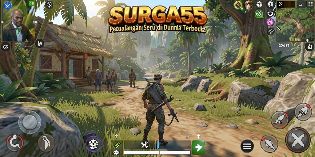 Screenshot gameplay SURGA55 menampilkan petualangan di zona terbuka.